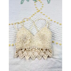 Willow Root Lace Bralette Top XS Cross Back Strappy Floral Crochet Beige